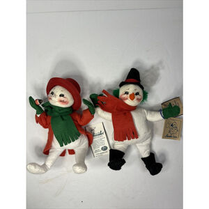 Two Vintage Annalee Mobilitee Christmas Snowmen- Felt Doll w Bird, Icicle Nose